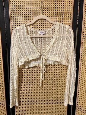 Birdies Ivory Lace Knit Tie-Front Shrug